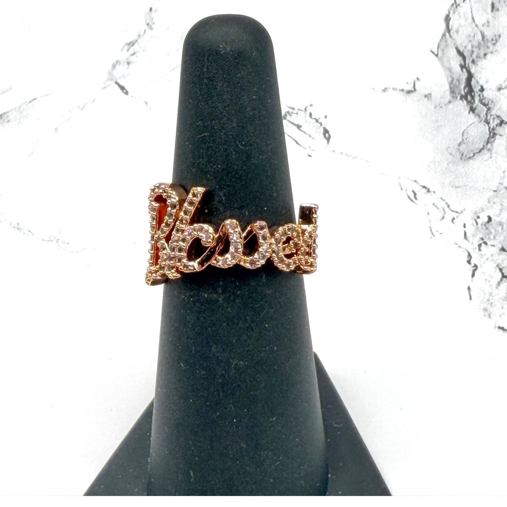 Rose Gold Tone 'Blessed' Script Ring‎ Rhinestone Size 5.5 Faith Jewelry